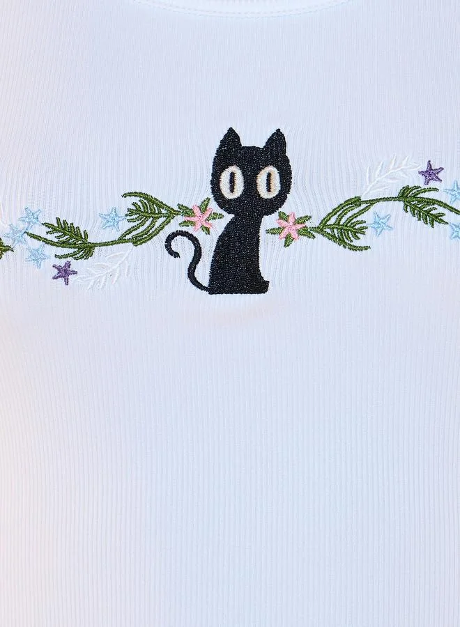 Take Two Cat Print Embroidery Sleeveless Cami & Pyjama Set