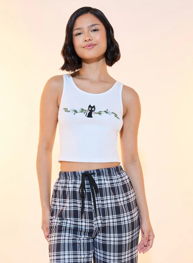 Take Two Cat Print Embroidery Sleeveless Cami & Pyjama Set
