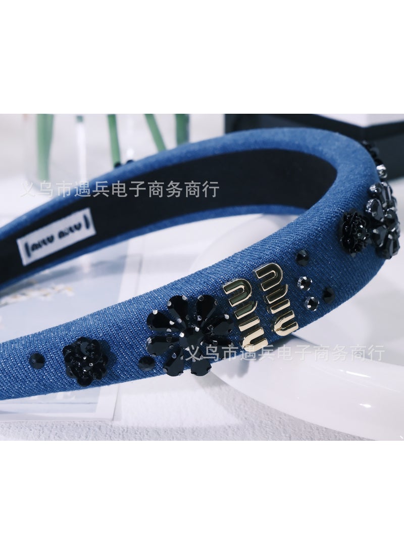 Generic Blue Denim MiuMiu Hair Clip with Sequin Flower Light sequined headband 