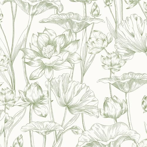 Vinjiasin Wallpaper Peel and Stick Green Floral Contact Paper Modern Lotus Wall Paper for Bedroom Bathroom Removable Self Adhesive Flower Leaf 17.3"x 197" - Image 1