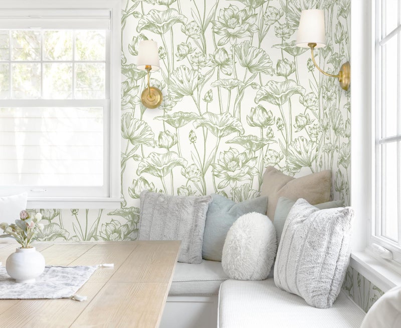 Vinjiasin Wallpaper Peel and Stick Green Floral Contact Paper Modern Lotus Wall Paper for Bedroom Bathroom Removable Self Adhesive Flower Leaf 17.3"x 197" - Image 3
