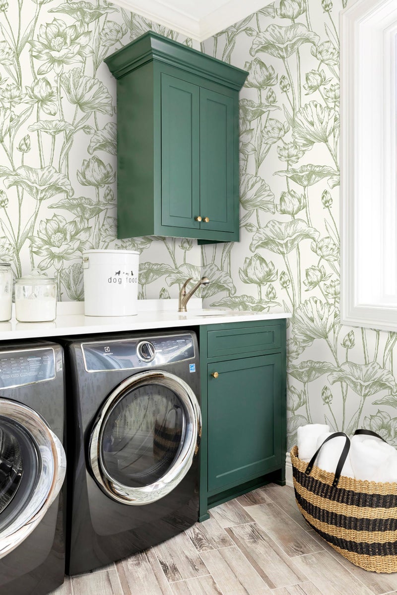 Vinjiasin Wallpaper Peel and Stick Green Floral Contact Paper Modern Lotus Wall Paper for Bedroom Bathroom Removable Self Adhesive Flower Leaf 17.3"x 197" - Image 5