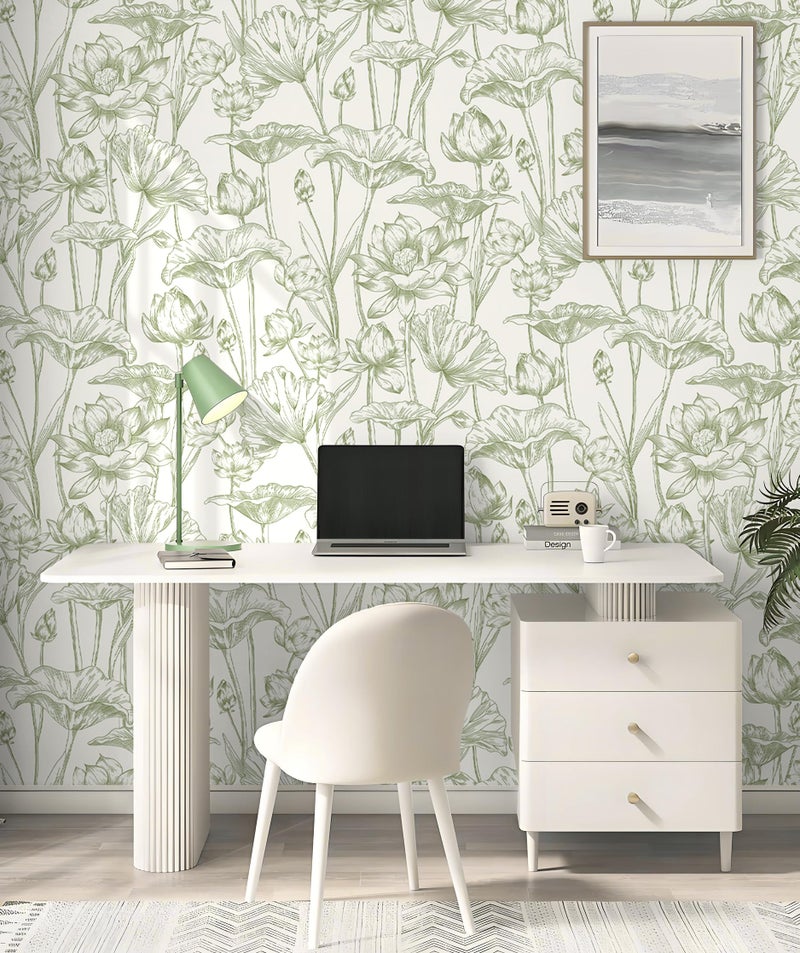 Vinjiasin Wallpaper Peel and Stick Green Floral Contact Paper Modern Lotus Wall Paper for Bedroom Bathroom Removable Self Adhesive Flower Leaf 17.3"x 197" - Image 4
