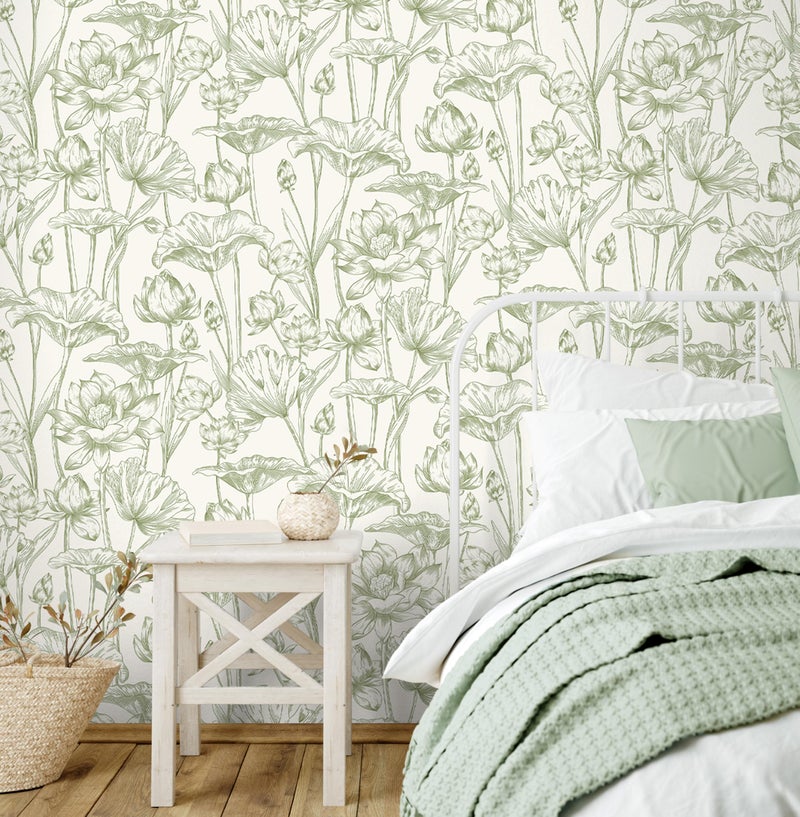 Vinjiasin Wallpaper Peel and Stick Green Floral Contact Paper Modern Lotus Wall Paper for Bedroom Bathroom Removable Self Adhesive Flower Leaf 17.3"x 197" - Image 2