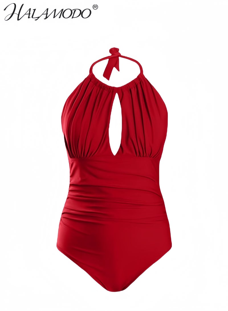 هالامودو ملابس سباحة نسائية من قطعة واحدة برقبة عالية للتحكم في البطن، ملابس سباحة بدون أكمام، ملابس سباحة كلاسيكية مكشكشة لتنحيف الجسم - Image 1