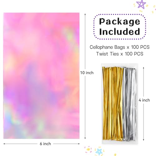 Ohuimrt 6x10 Inches Iridescent Cellophane Treat Bags with Ties, 100 PCS Small Plastic Holographic Goodie Bags for Candies, Snacks, Popcorn, Small Gifts and Party Favor - Image 2