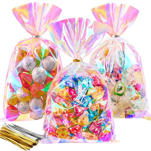Ohuimrt 6x10 Inches Iridescent Cellophane Treat Bags with Ties, 100 PCS Small Plastic Holographic Goodie Bags for Candies, Snacks, Popcorn, Small Gifts and Party Favor - Image 1