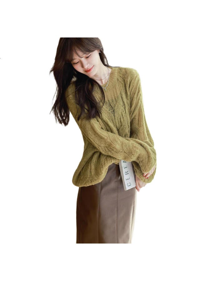 Mt [Relaxed Grass Green] Winter Simple Round Neck, Jacquard Loose Long-Sleeve Pullover Sweater - Image 2