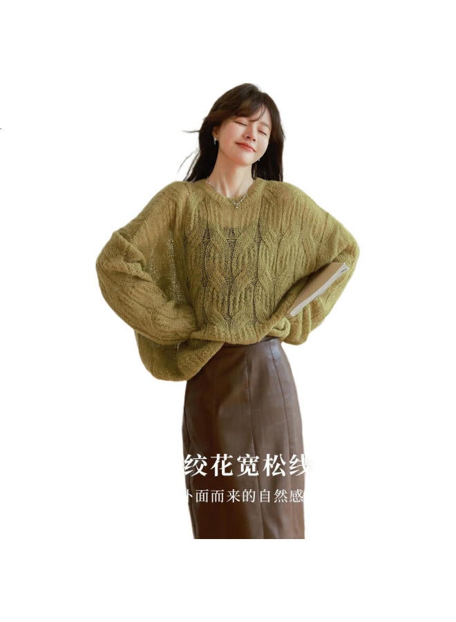 Mt [Relaxed Grass Green] Winter Simple Round Neck, Jacquard Loose Long-Sleeve Pullover Sweater - Image 3