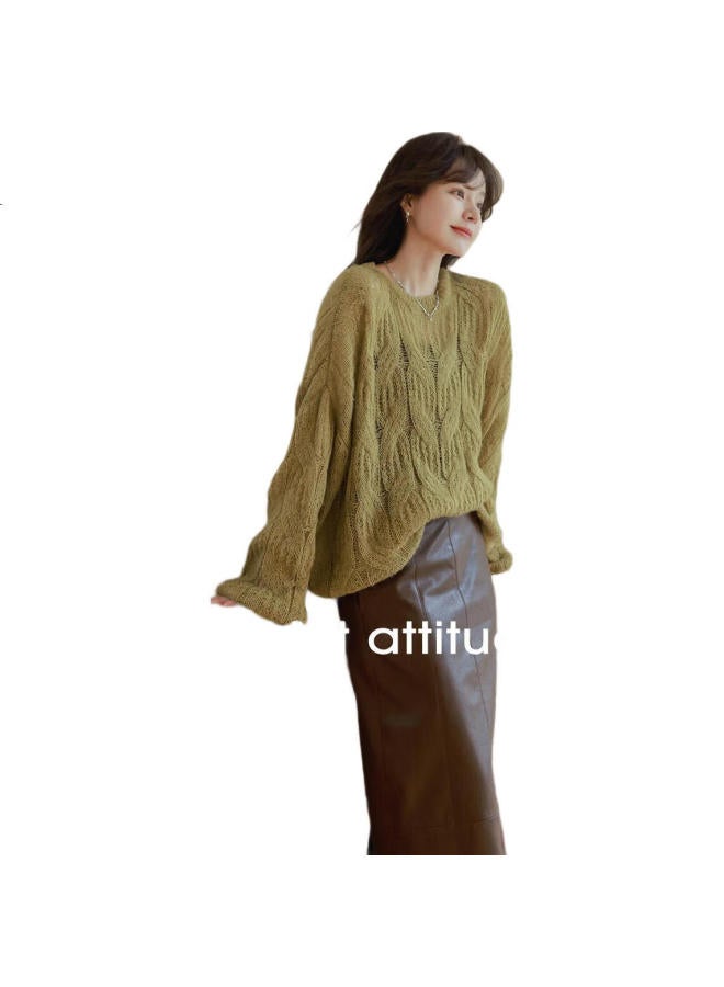 Mt [Relaxed Grass Green] Winter Simple Round Neck, Jacquard Loose Long-Sleeve Pullover Sweater - Image 1
