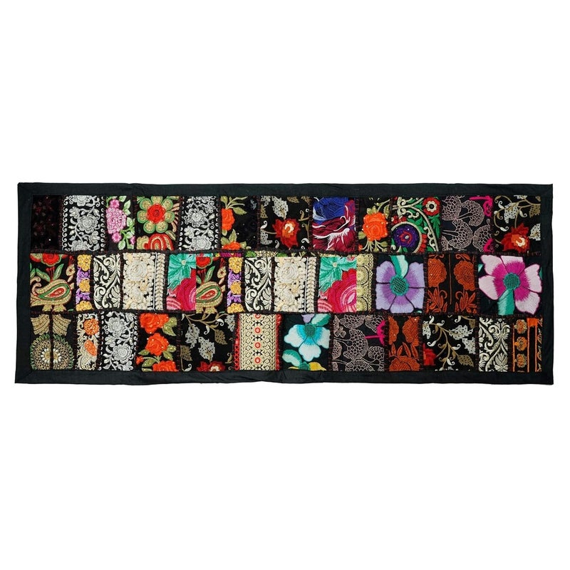 E - Ezra E Ezra Handmade Cotton Patchwork Boho Room Decor Indian Bohemian Table Runner Mat Set Hand Embroidered Table Set Placemat Runner 72 by 16 Mat 18 by 12 inches Black - Image 3