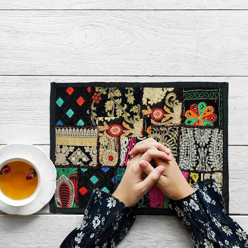 E - Ezra E Ezra Handmade Cotton Patchwork Boho Room Decor Indian Bohemian Table Runner Mat Set Hand Embroidered Table Set Placemat Runner 72 by 16 Mat 18 by 12 inches Black - Image 2