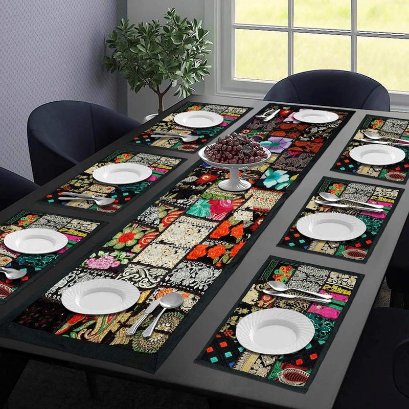 E - Ezra E Ezra Handmade Cotton Patchwork Boho Room Decor Indian Bohemian Table Runner Mat Set Hand Embroidered Table Set Placemat Runner 72 by 16 Mat 18 by 12 inches Black - Image 1