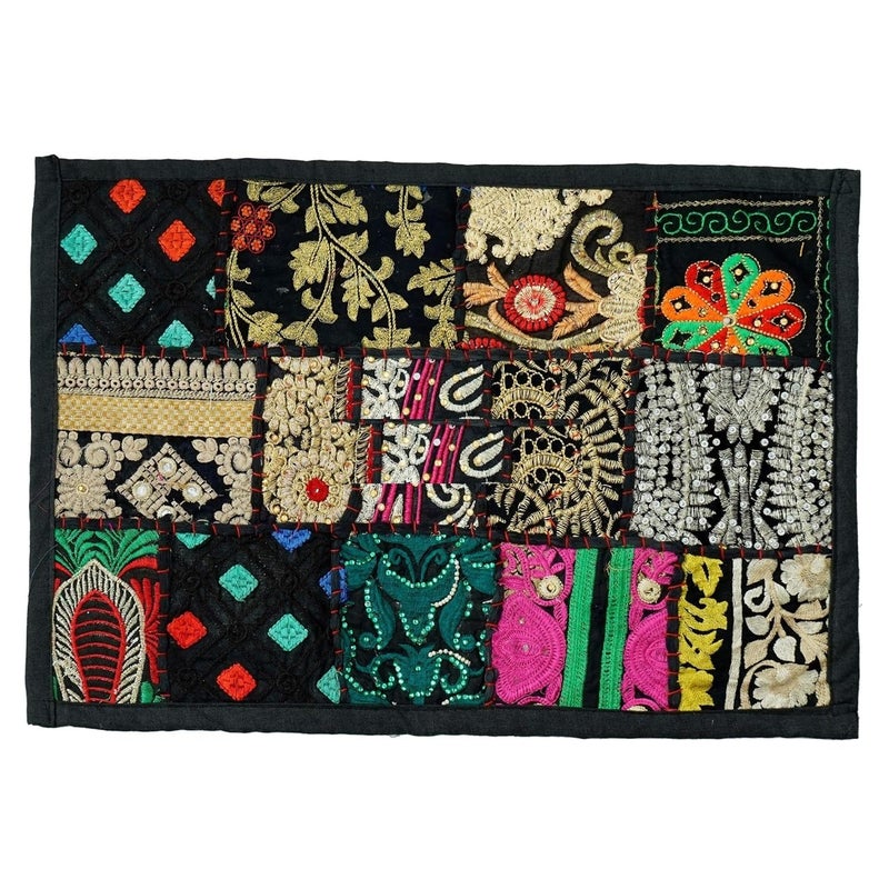 E - Ezra E Ezra Handmade Cotton Patchwork Boho Room Decor Indian Bohemian Table Runner Mat Set Hand Embroidered Table Set Placemat Runner 72 by 16 Mat 18 by 12 inches Black - Image 4