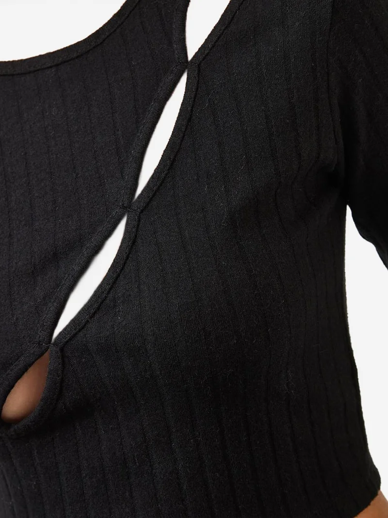 Bianco Lucci Black LUCCI Textured Ribbed Crop Top with Cut Out Detail for Women | Best Price UAE