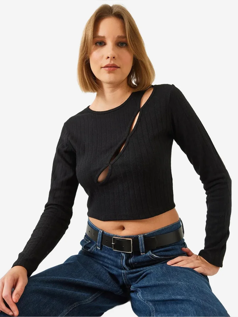 Bianco Lucci Black LUCCI Textured Ribbed Crop Top with Cut Out Detail for Women | Best Price UAE