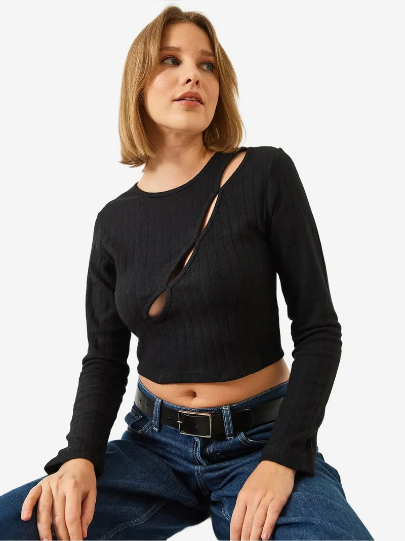 Bianco Lucci Black LUCCI Textured Ribbed Crop Top with Cut Out Detail for Women | Best Price UAE