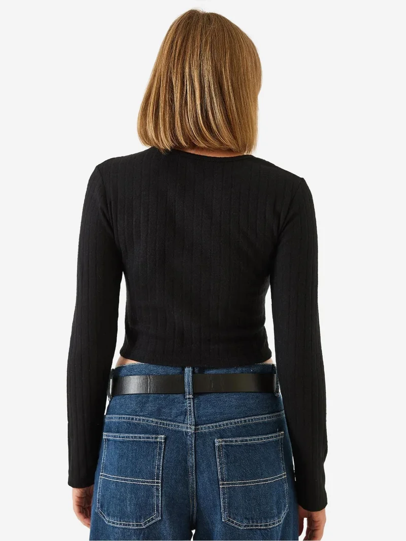 Bianco Lucci Black LUCCI Textured Ribbed Crop Top with Cut Out Detail for Women | Best Price UAE