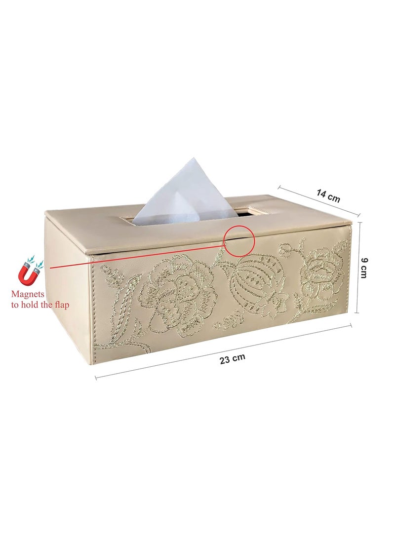 Admire Home Embroidered Leather Car Tissue BoxRectangular Napkin HolderTissue Paper Case DispenserFacial Tissue Holder for HomeOffice and Tissue Holder for carBeige Gold  - Image 2