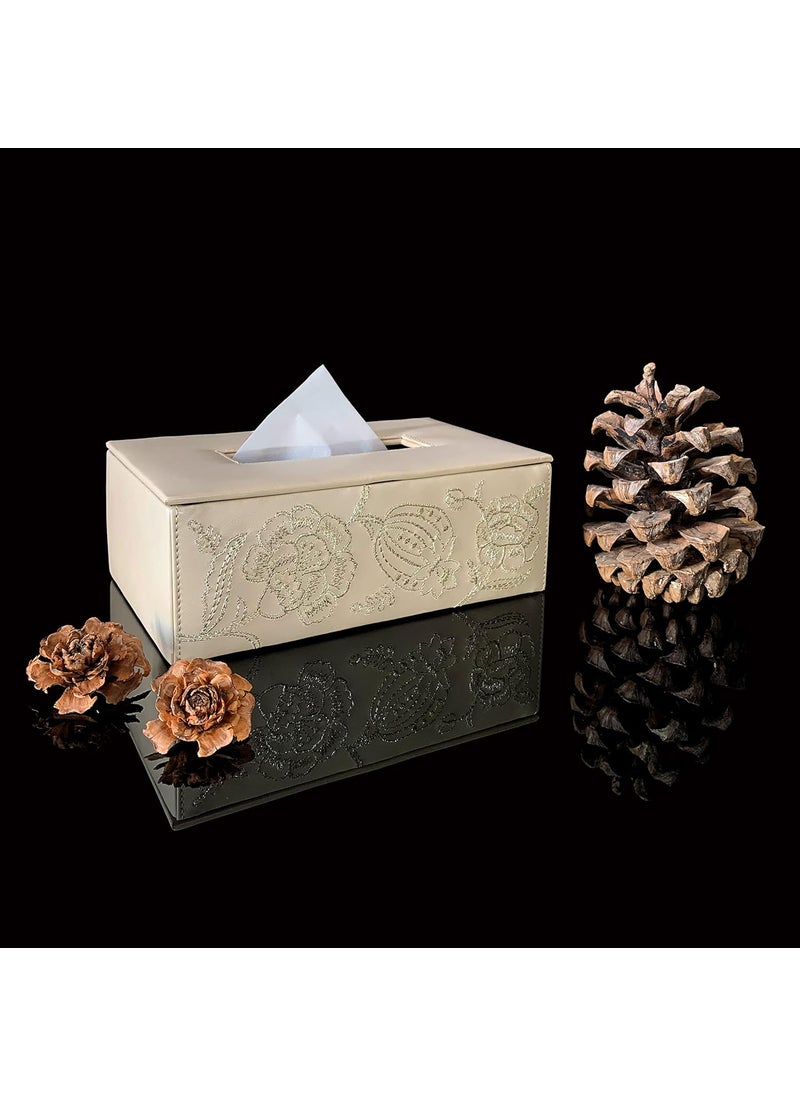 Admire Home Embroidered Leather Car Tissue BoxRectangular Napkin HolderTissue Paper Case DispenserFacial Tissue Holder for HomeOffice and Tissue Holder for carBeige Gold  - Image 1