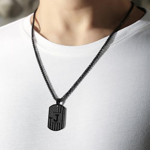DuoDiner Initial Letter Pendant Necklace for Men Boys Dad,A-Z Capital Letter American Flag Dog Tag Necklace 24 Inches Stainless Steel Mens Chain,Birthday Gifts for Men Women Teens (Letter J, Black) - Image 2