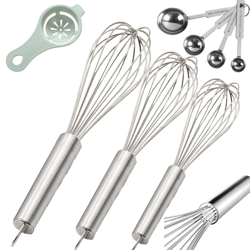 Stainless Steel Whisk Whisk Set with Measuring Spoon and 81012 Wire Whisk for Cooking Blending Beating Stirring Baking 5 Pack Silver