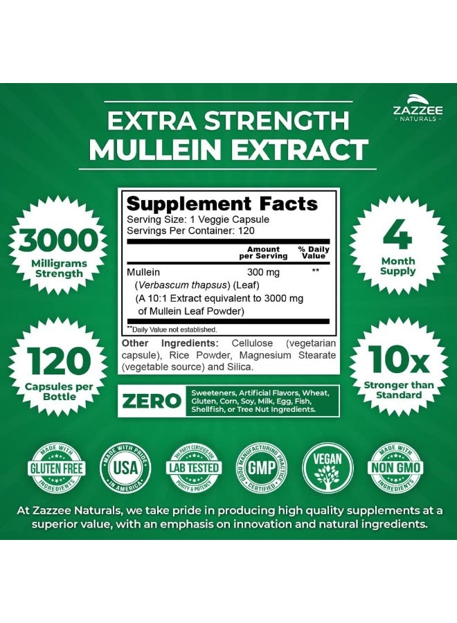 Zazzee Extra Strength Mullein 10:1 Extract, 3000 mg Strength, 120 Vegan Capsules, 100% Pure Leaf Powder, Non-GMO and All-Natural - Image 3