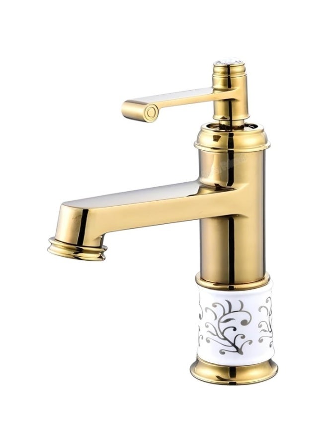 Luxury Gold Bathroom Basin Faucet | Vintage Style with Ceramic Base | Single Handle Hot & Cold Mixer Tap | Elegant Golden Finish | Antique Vanity Sink Faucet for Bathroom & Washroom - Image 1