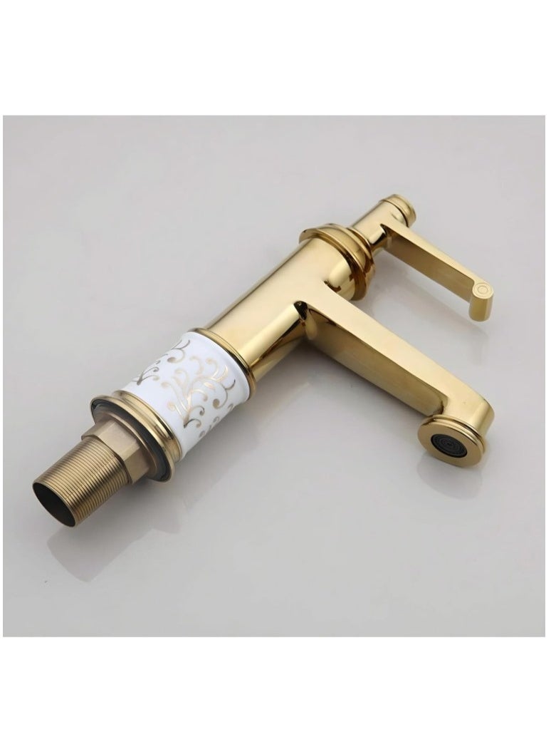 Luxury Gold Bathroom Basin Faucet | Vintage Style with Ceramic Base | Single Handle Hot & Cold Mixer Tap | Elegant Golden Finish | Antique Vanity Sink Faucet for Bathroom & Washroom - Image 2