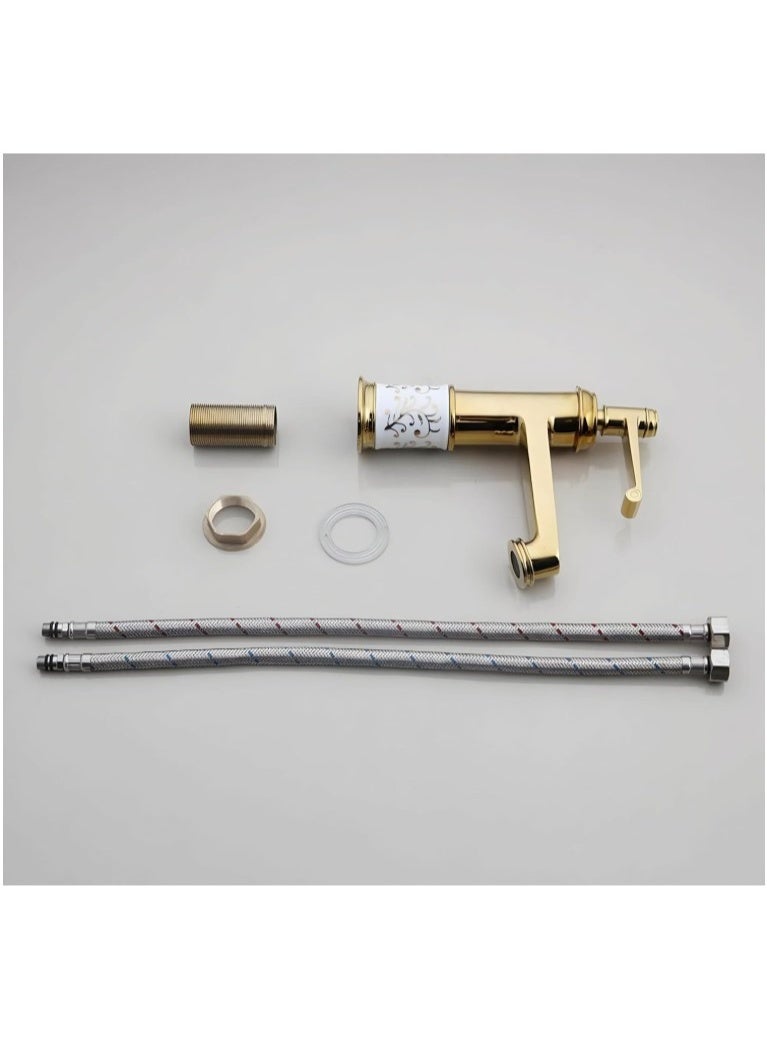 Luxury Gold Bathroom Basin Faucet | Vintage Style with Ceramic Base | Single Handle Hot & Cold Mixer Tap | Elegant Golden Finish | Antique Vanity Sink Faucet for Bathroom & Washroom - Image 4