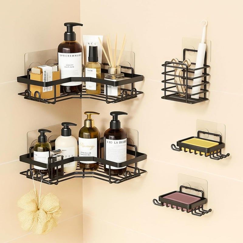 Boniry Wall-Mounted Bathroom Organizer 5 in 1 Set | Corner Shelf with Soap Holder & Toothbrush Holder | No-Drill Adhesive Bathroom Rack Set for Bathroom, Kitchen (Matte Black) - Image 1