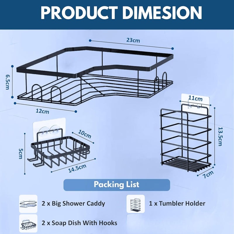 Boniry Wall-Mounted Bathroom Organizer 5 in 1 Set | Corner Shelf with Soap Holder & Toothbrush Holder | No-Drill Adhesive Bathroom Rack Set for Bathroom, Kitchen (Matte Black) - Image 2