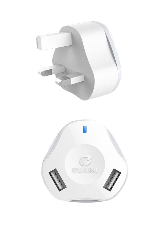 RUKINI Rokini wall charger with two USB ports - 2.4A, 12W with smart safety feature - white color 