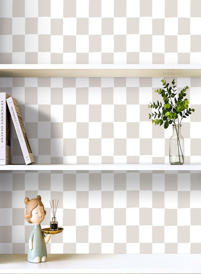 HelloWall Tan Checkered Wallpaper Peel and Stick Tan White Plaid Wall Paper Beige Cream Gingham Neutral Prepasted Vinyl Farmhouse Cottage Core Wallpaper Removable Contact Paper for Drawers 17.5x80" Hellowall - Image 3