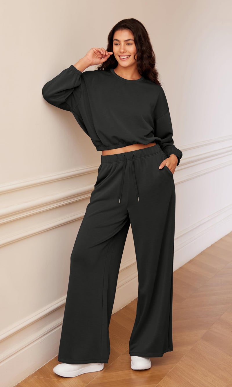 ODODOS Women's Modal Soft Extra Wide Leg Pants with Pockets Drawstring High Waist Pull-On Casual Pants, Black, Large - Image 2
