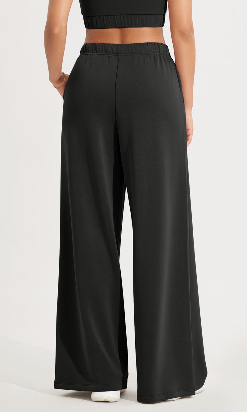 ODODOS Women's Modal Soft Extra Wide Leg Pants with Pockets Drawstring High Waist Pull-On Casual Pants, Black, Large - Image 4