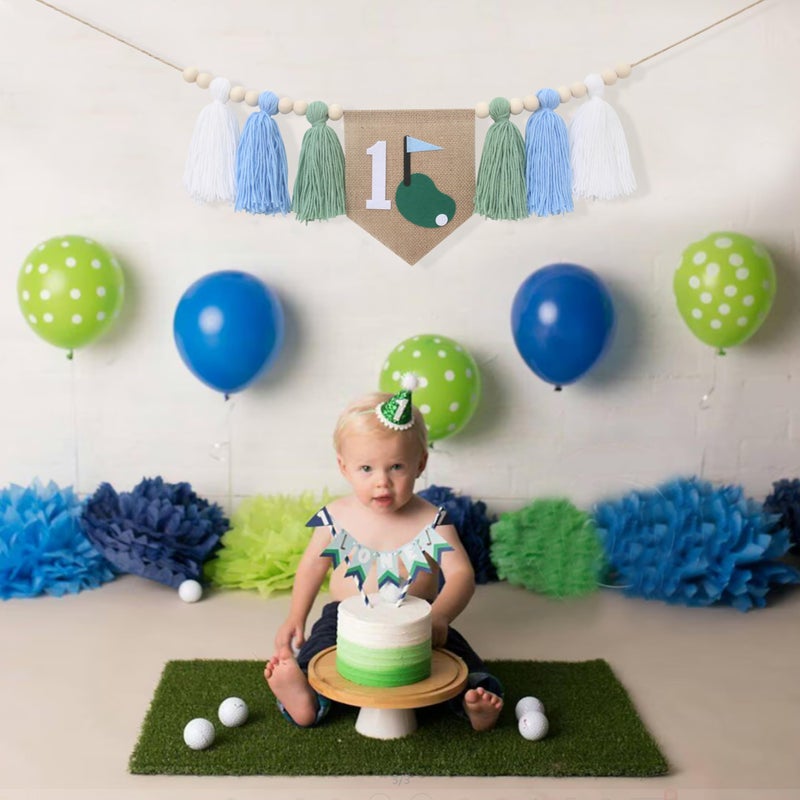 FUTNH Golf Theme 1st Birthday Tassels High Chair Banner - Green Blue Golf Hole In One First Birthday Decorations - Image 4
