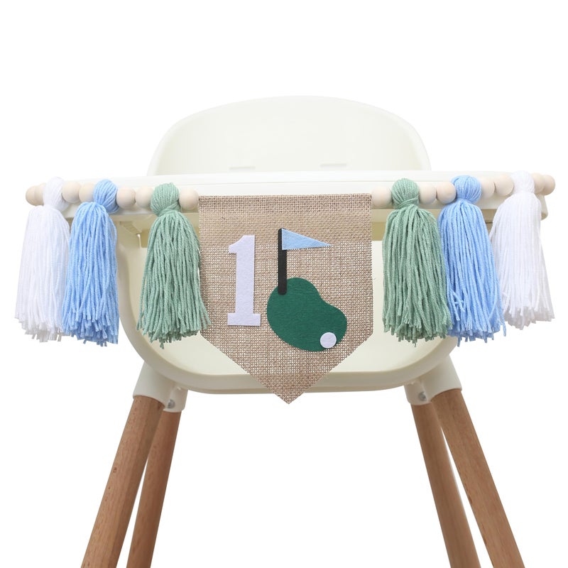 FUTNH Golf Theme 1st Birthday Tassels High Chair Banner - Green Blue Golf Hole In One First Birthday Decorations - Image 1
