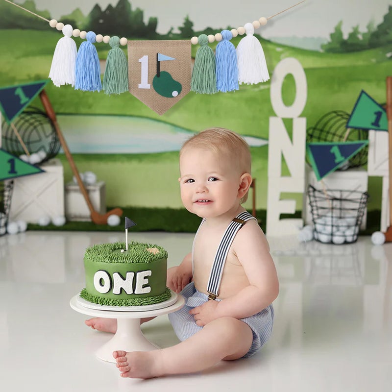 FUTNH Golf Theme 1st Birthday Tassels High Chair Banner - Green Blue Golf Hole In One First Birthday Decorations - Image 3