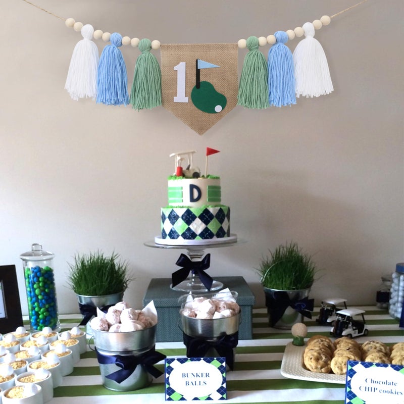 FUTNH Golf Theme 1st Birthday Tassels High Chair Banner - Green Blue Golf Hole In One First Birthday Decorations - Image 5