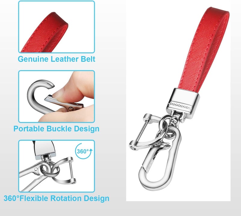 QBUC Genuine Leather Car Keychain,Universal Heavy Duty Metal Key Chain Accessories,Car Fob Key Keychain Holder with 360 Degree Rotatable Snap Swivel and Anti-Lost D-Ring for Men Women（Red） - Image 3