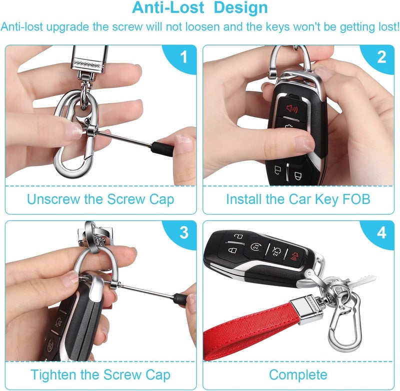 QBUC Genuine Leather Car Keychain,Universal Heavy Duty Metal Key Chain Accessories,Car Fob Key Keychain Holder with 360 Degree Rotatable Snap Swivel and Anti-Lost D-Ring for Men Women（Red） - Image 4