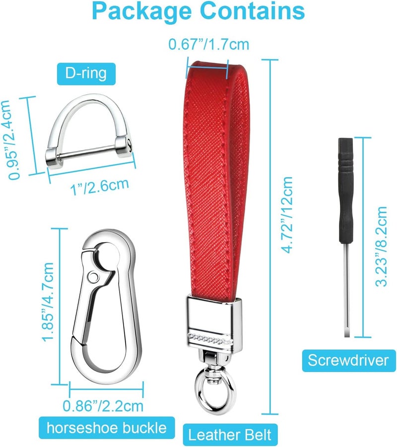 QBUC Genuine Leather Car Keychain,Universal Heavy Duty Metal Key Chain Accessories,Car Fob Key Keychain Holder with 360 Degree Rotatable Snap Swivel and Anti-Lost D-Ring for Men Women（Red） - Image 2