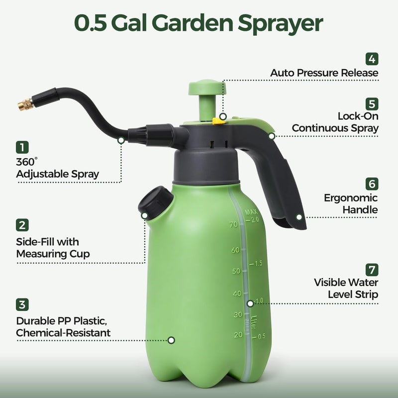 T4U 1/2 Gallon Pump Sprayer with Flexible Adjustable Nozzle, PP Hand Pump Pressure Sprayer with Built-in Measuring Cup for Home Garden Plant Care and Household Cleaning, Indoor & Outdoor Use - Image 2