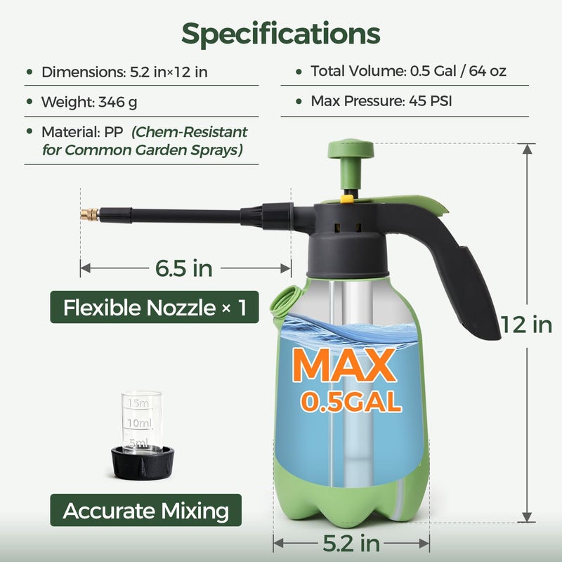 T4U 1/2 Gallon Pump Sprayer with Flexible Adjustable Nozzle, PP Hand Pump Pressure Sprayer with Built-in Measuring Cup for Home Garden Plant Care and Household Cleaning, Indoor & Outdoor Use - Image 3