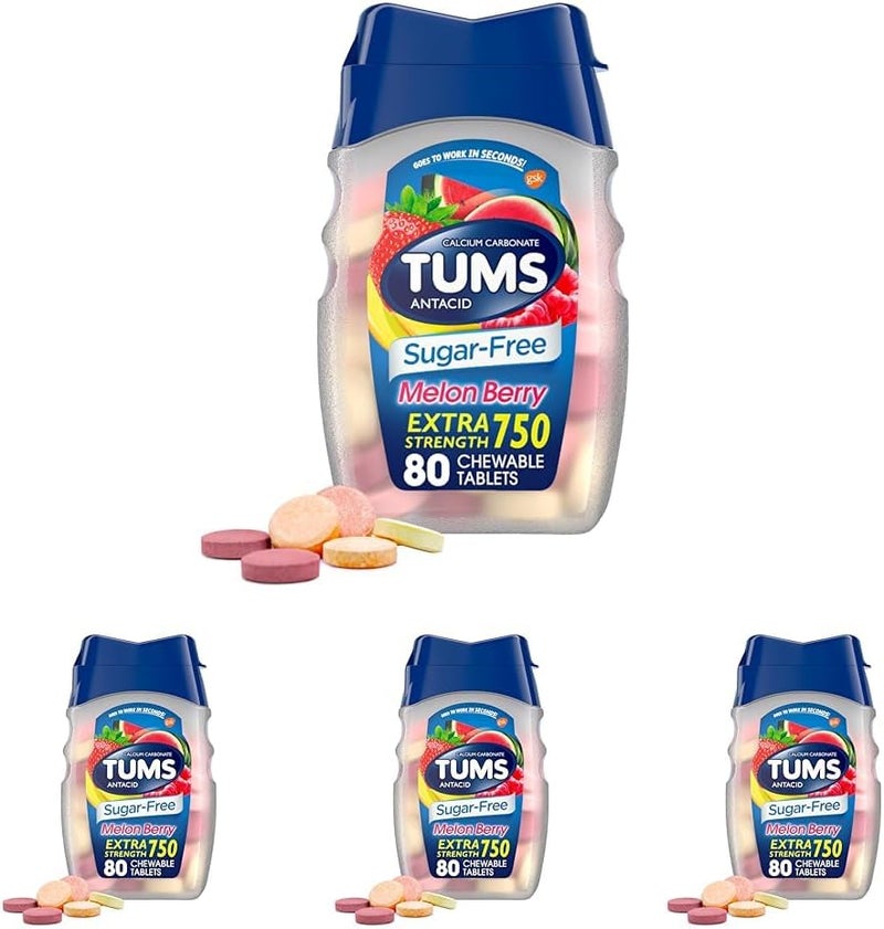 TUMS أقراص مضادة للحموضة قابلة للمضغ خالية من السكر بقوة إضافية لتخفيف حرقة المعدة بنكهة البطيخ والتوت 80 حبة عبوة من 4 - Image 1
