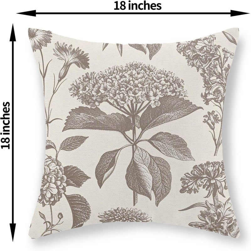 GOLIANDA Tan Khaki Pillow Covers 18x18 Set of 2 Vintage Boho Floral Hydrangea Herbs Botanical Throw Pillow Cover Outdoor Flower Decorative Pillowcase Linen Farmhouse Cushion Case Decor for Couch Sofa - Image 2