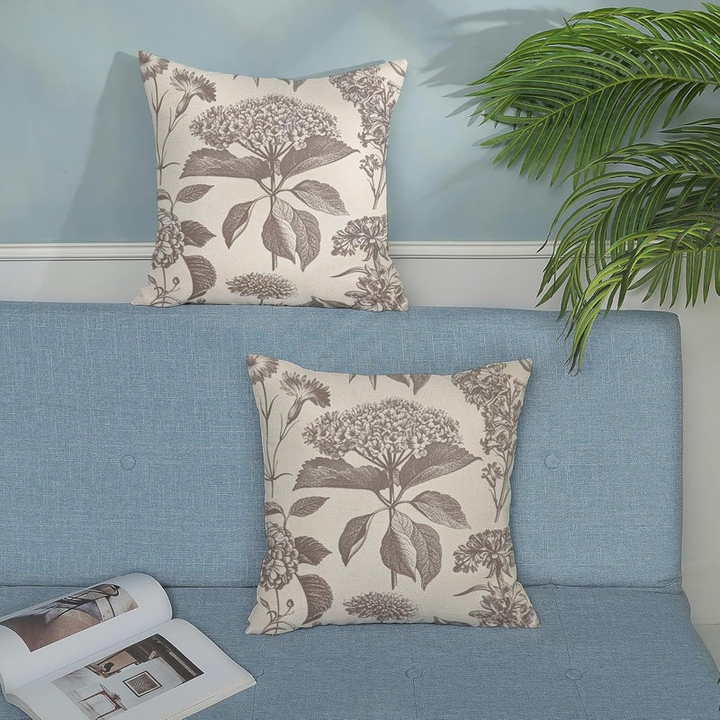 GOLIANDA Tan Khaki Pillow Covers 18x18 Set of 2 Vintage Boho Floral Hydrangea Herbs Botanical Throw Pillow Cover Outdoor Flower Decorative Pillowcase Linen Farmhouse Cushion Case Decor for Couch Sofa - Image 4
