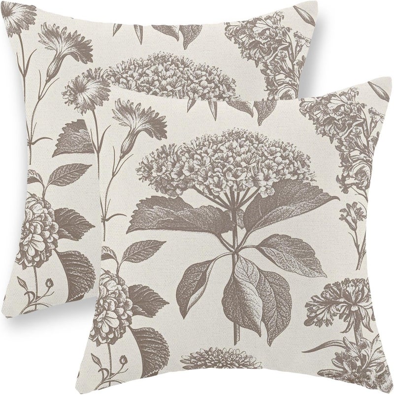 GOLIANDA Tan Khaki Pillow Covers 18x18 Set of 2 Vintage Boho Floral Hydrangea Herbs Botanical Throw Pillow Cover Outdoor Flower Decorative Pillowcase Linen Farmhouse Cushion Case Decor for Couch Sofa - Image 1