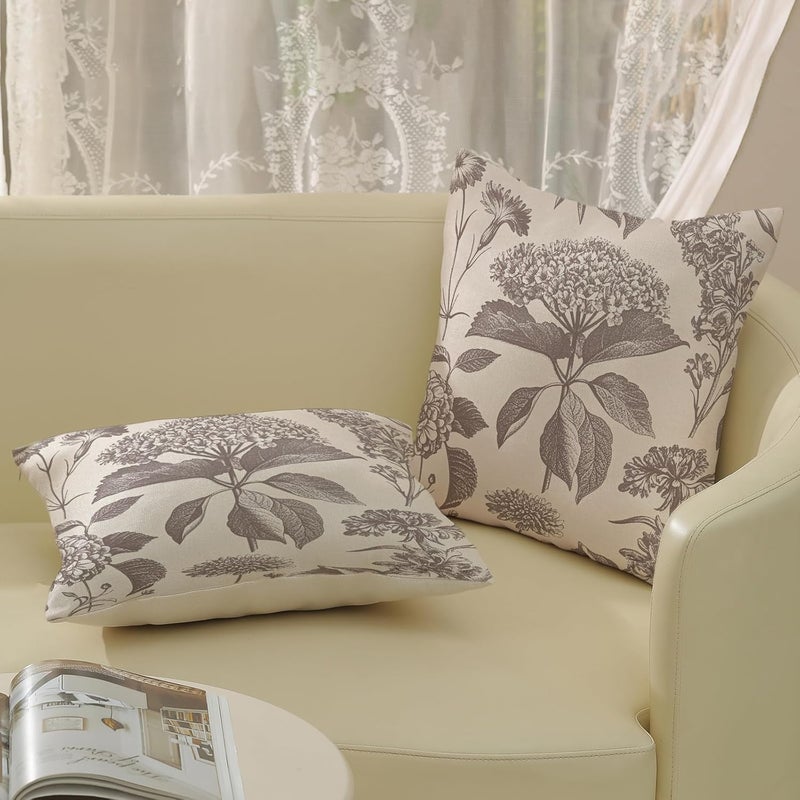 GOLIANDA Tan Khaki Pillow Covers 18x18 Set of 2 Vintage Boho Floral Hydrangea Herbs Botanical Throw Pillow Cover Outdoor Flower Decorative Pillowcase Linen Farmhouse Cushion Case Decor for Couch Sofa - Image 5